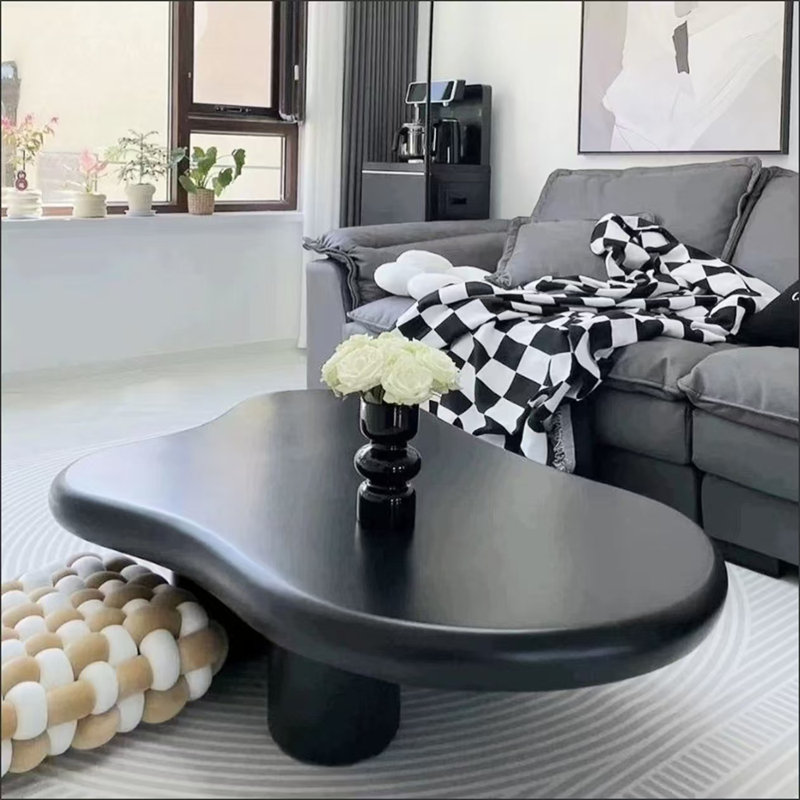 Bright Black Coffee Table Round Edge Cloud Coffee Table With 3 Short Legs Irregular Black Side Table For Small Space Modern Center Coffee Table For